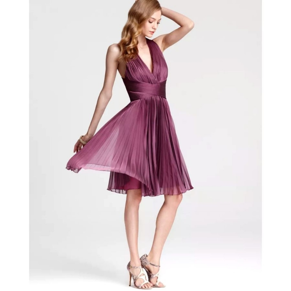 Halston Heritage Purple Sleeveless V Neck Pleated Dress